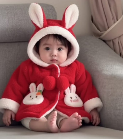 Cute Red Baby Winter Hooded Jacket with Bunny Pockets - Soft & Warm Fleece Coat
