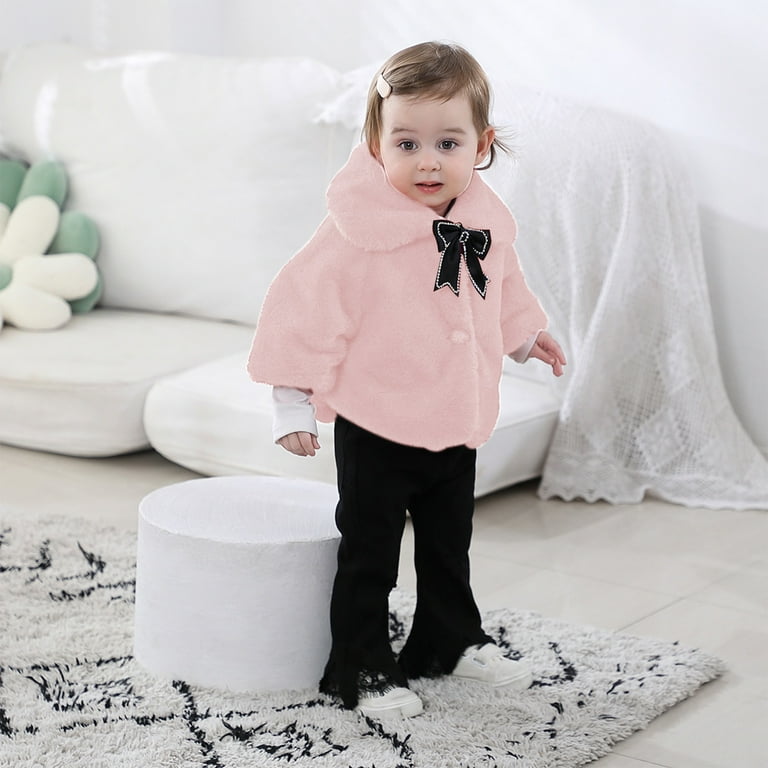 Luxury Baby Pink Fur Coat with Black Bow & Pom-Poms
