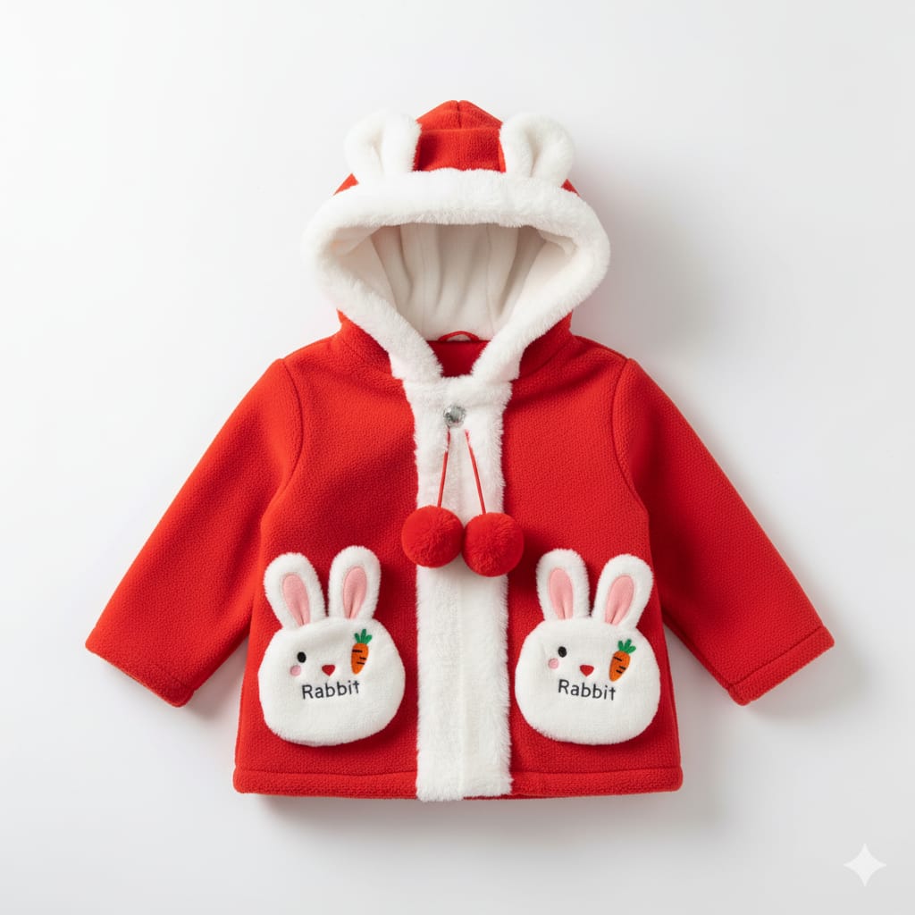 Cute Red Baby Winter Hooded Jacket with Bunny Pockets - Soft & Warm Fleece Coat