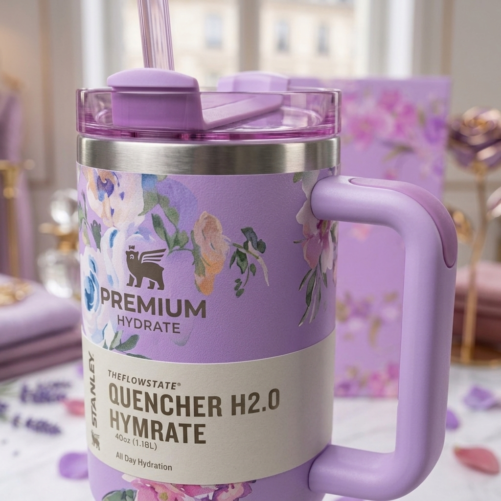 Floral Stanley Style Quencher Tumbler 40oz – Lavender Blossom Stainless Steel Travel Mug with Handle