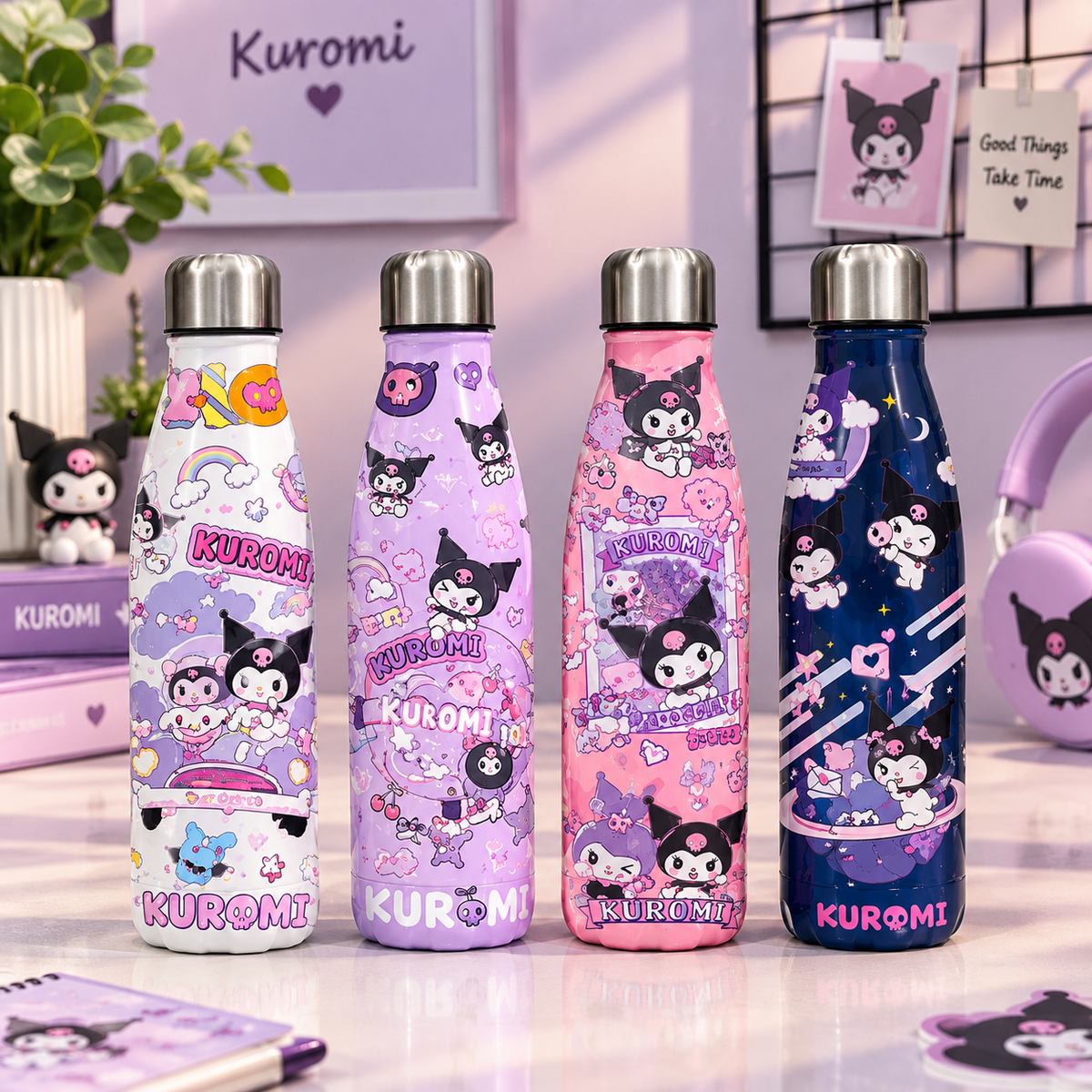 Four Kuromi insulated water bottles in white, purple, pink and navy blue