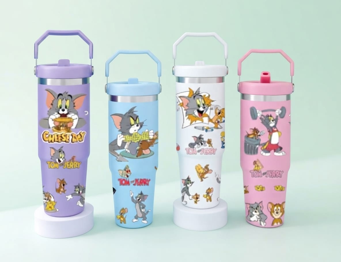 Tom and Jerry Print Stainless Steel Tumbler with Straw & Handle - 30oz