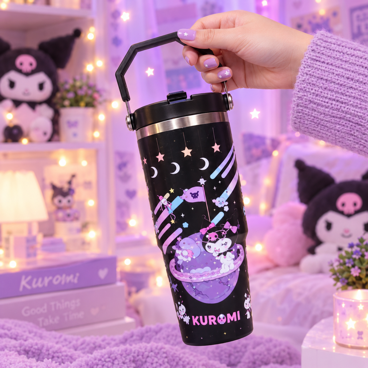 Kuromi Stainless Steel Insulated Water Tumbler with Handle | Leakproof Travel Cup