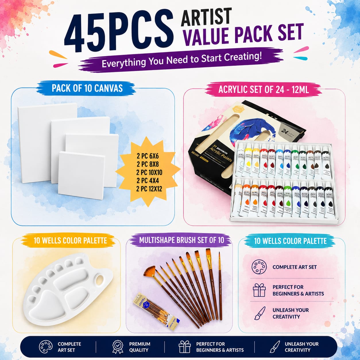 45 PCS Artist Value Pack Set | Complete Acrylic Painting Kit with Canvases, 24 Acrylic Paints, Brushes & Palette