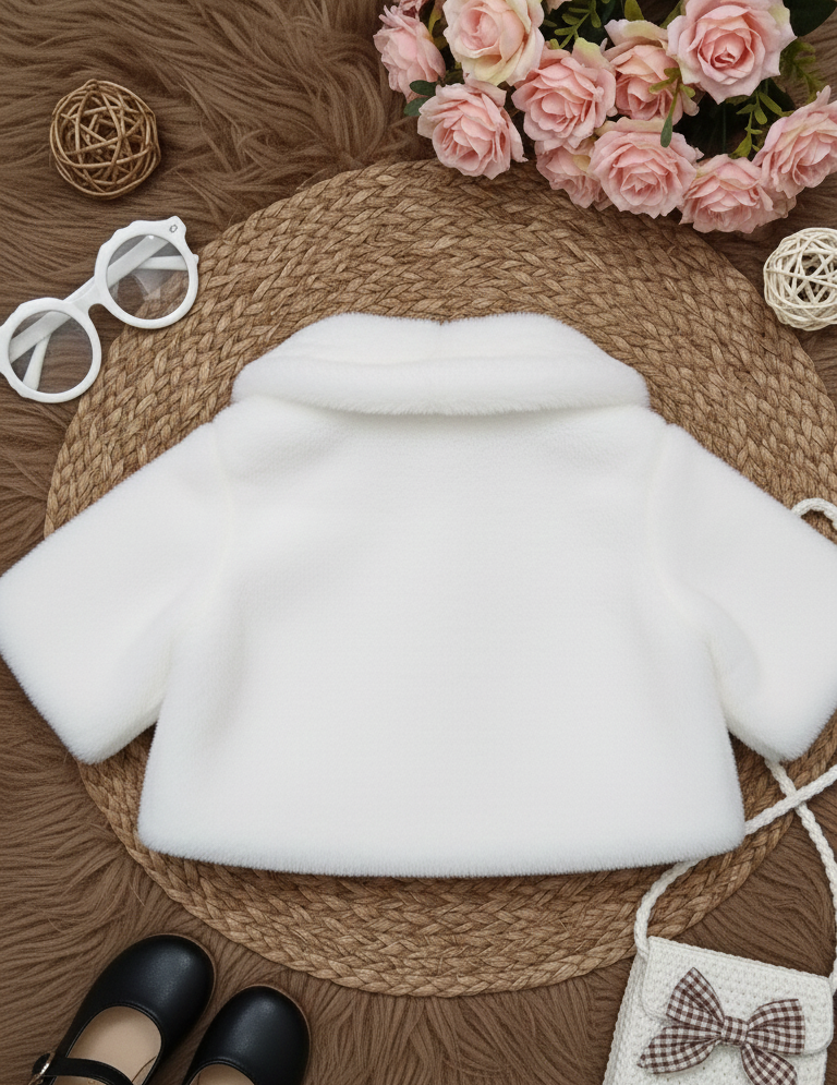 Luxurious White Faux Fur Baby Bolero Jacket | Floral Embroidery & Pom Poms