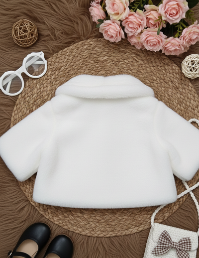 Luxurious White Faux Fur Baby Bolero Jacket | Floral Embroidery & Pom Poms