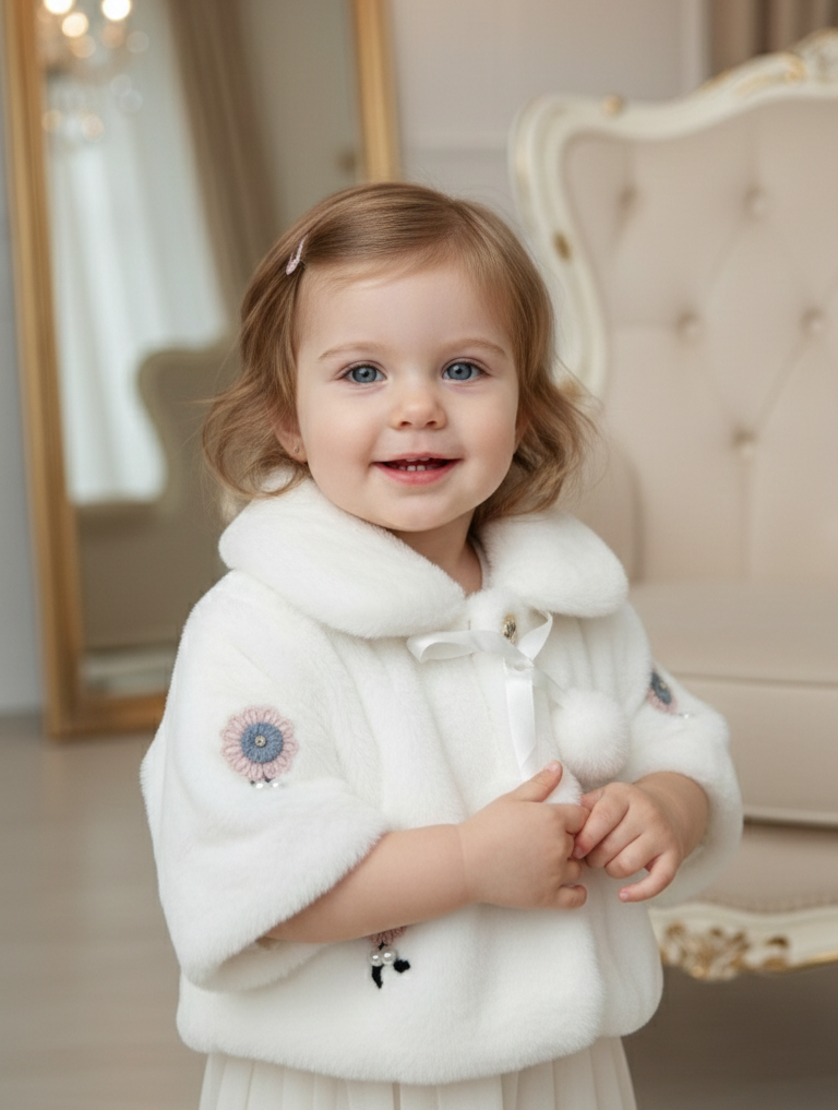 Luxurious White Faux Fur Baby Bolero Jacket | Floral Embroidery & Pom Poms