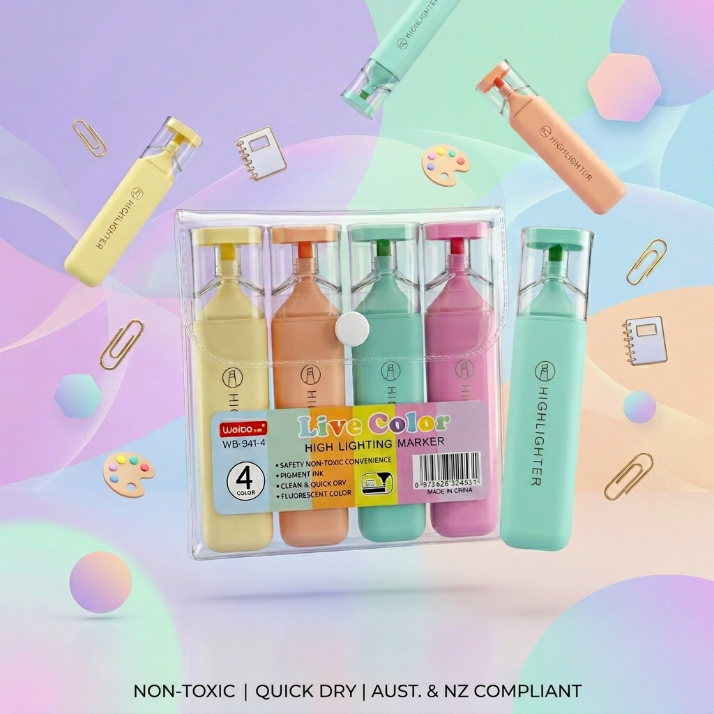 Weibo Live Color Highlighter Set – 4 Pastel Colors | Dual-Tip Felt Bullet & Chisel Markers