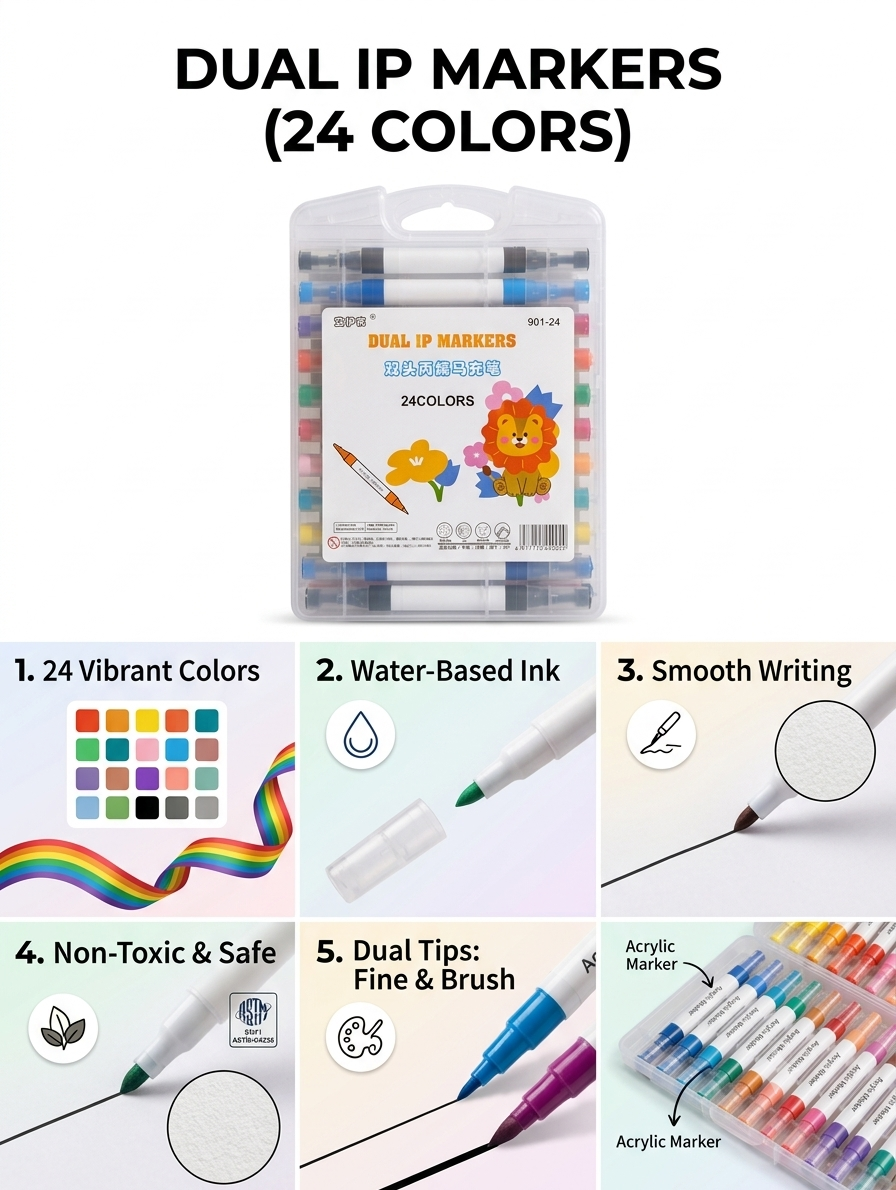 🎨 Dual Tip Acrylic Markers – 12 & 24 Pcs | Vibrant Colors | Brush & Fine Tips