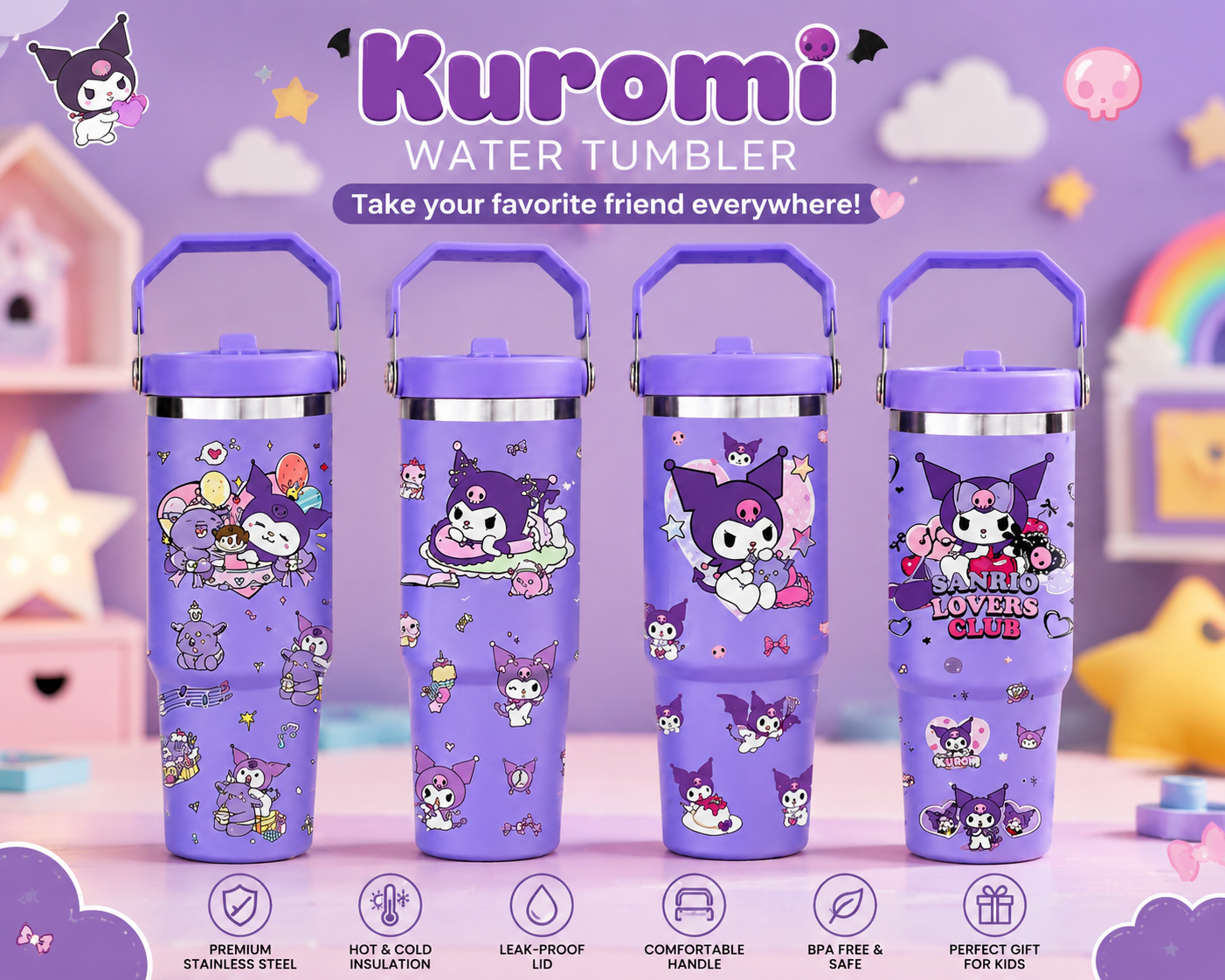 Kuromi Stainless Steel Insulated Water Tumbler with Handle | Cute Travel Mug for Kids