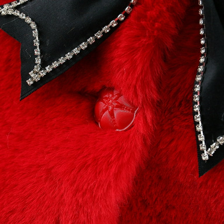 Luxury Baby Red Fur Coat with Black Bow & Pom-Poms