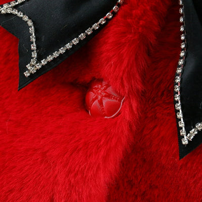 Luxury Baby Red Fur Coat with Black Bow & Pom-Poms
