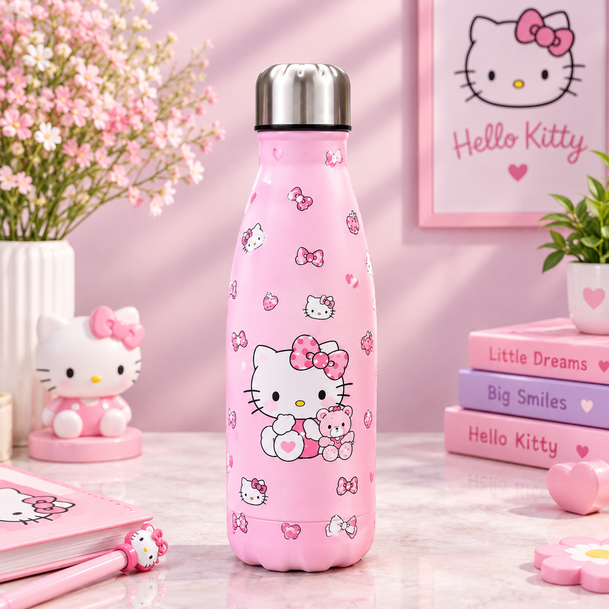 Baby pink Hello Kitty bottle with teddy and bows