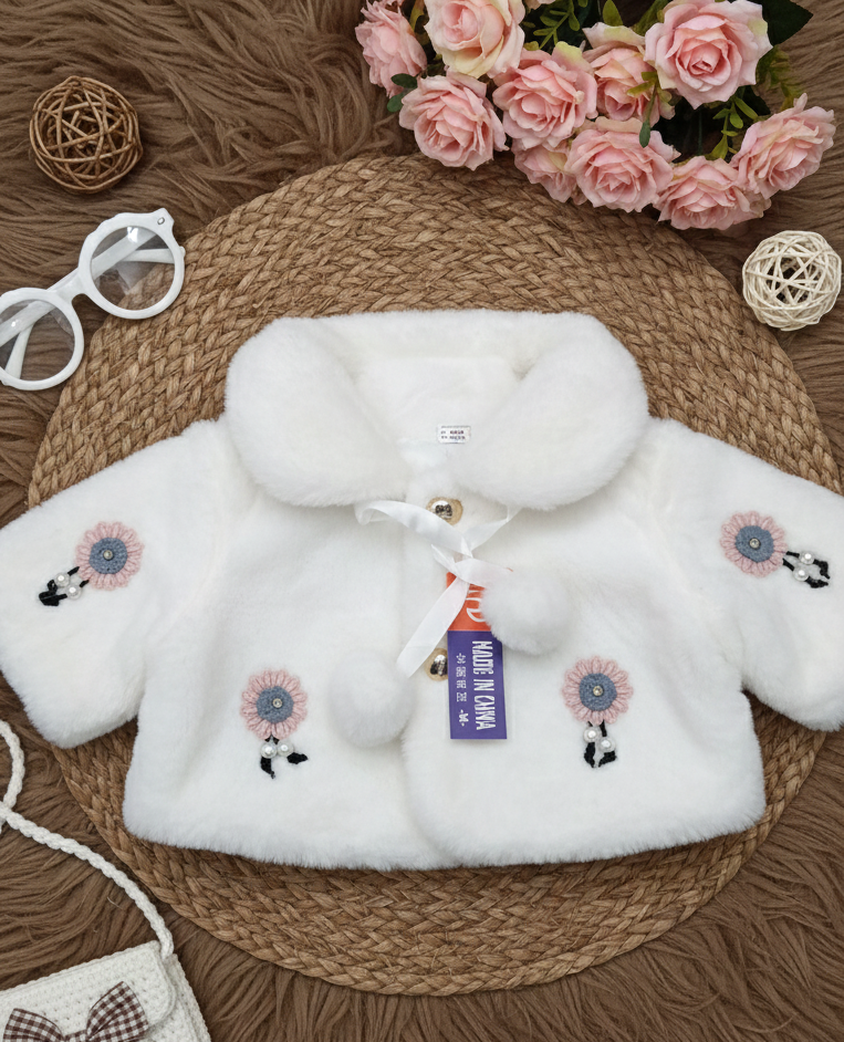 Luxurious White Faux Fur Baby Bolero Jacket | Floral Embroidery & Pom Poms