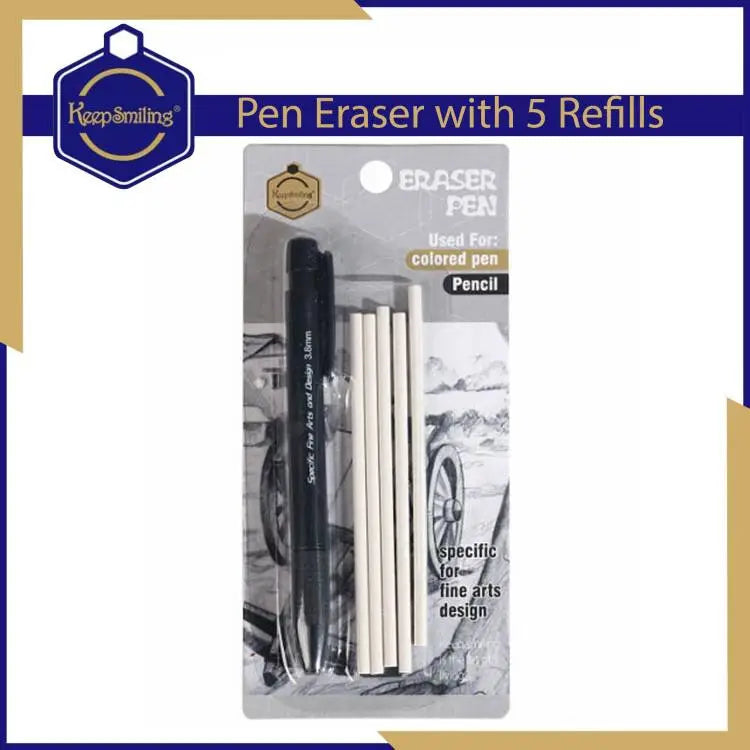 Keep Smiling Pen Eraser with 5 Refills | Precision Eraser for Fine Arts, Pencil & Colored Pen | 3.8mm Tip