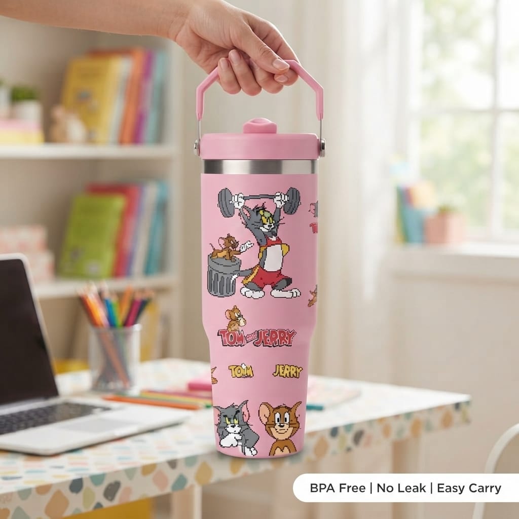 Tom and Jerry Print Stainless Steel Tumbler with Straw & Handle - 30oz