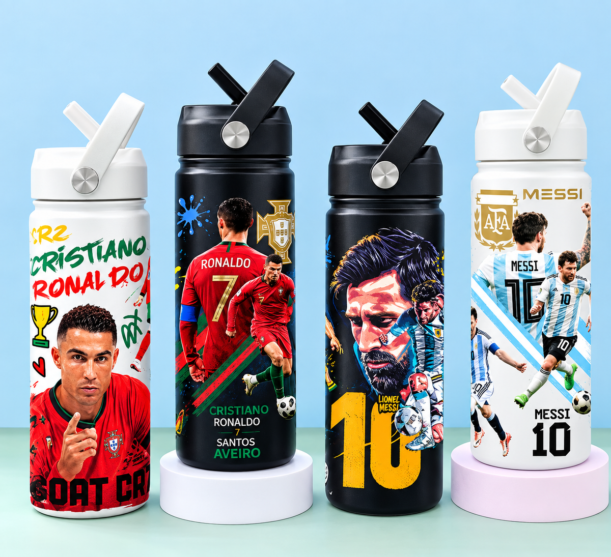 680ml Stainless Steel Hot & Cold Sports Water Bottle – Football Ronaldo & Messi Designs | Flip Straw Bottle