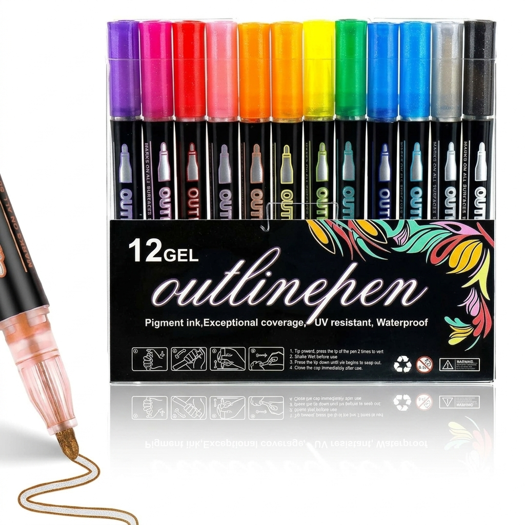12 Colors Outline Gel Markers Set – Dual Line Magic Pens for Kids & Artists |Kidzermania
