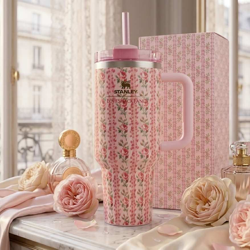 Floral Stanley Style Quencher Tumbler 40oz – Vintage Pink Rose Stainless Steel Travel Mug with Handle