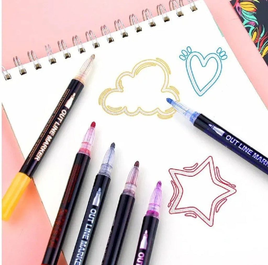 8-Pack Self-Outline Metallic Markers - Magic Double Line Silver Pens for Art & Lettering