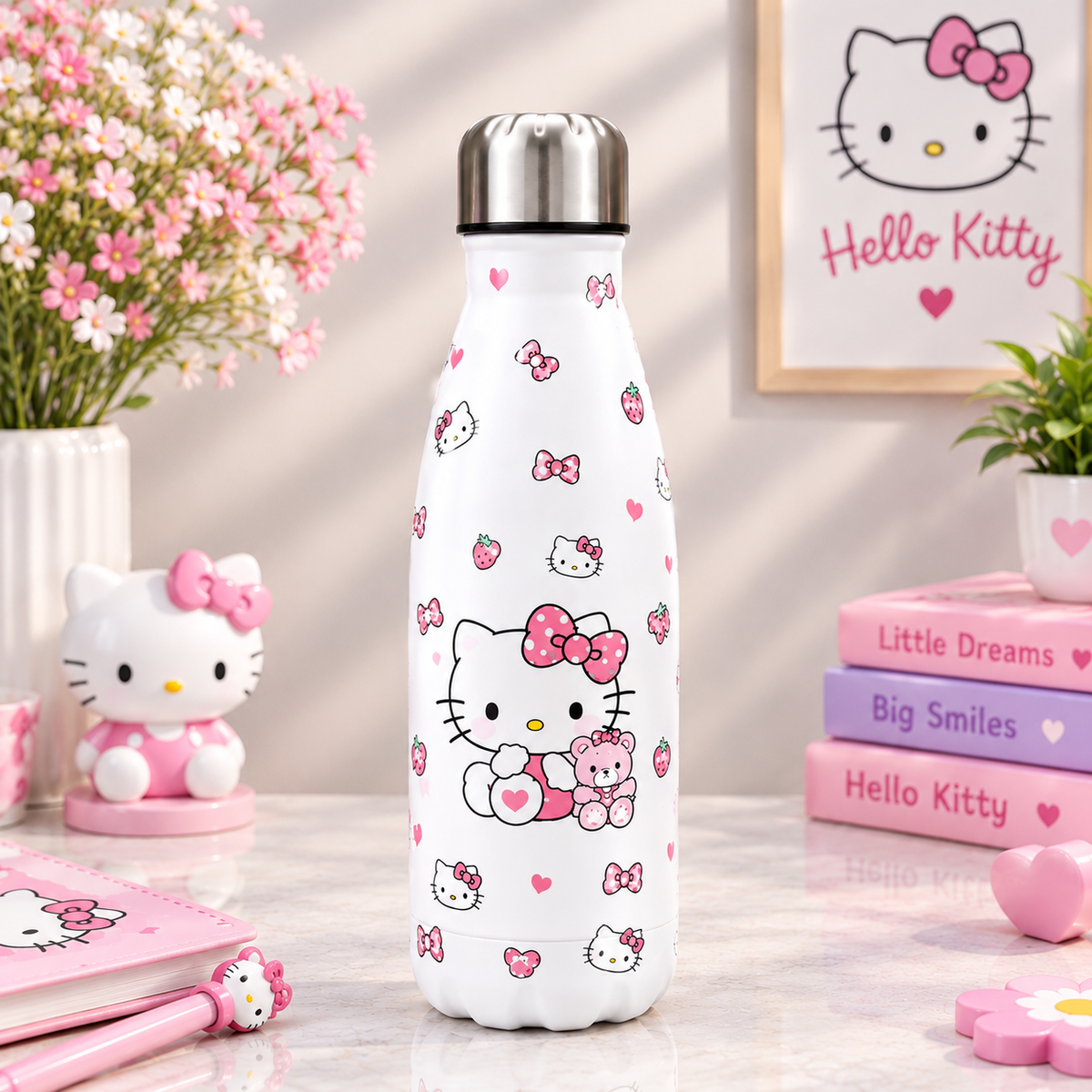 White Hello Kitty bottle with teddy and bows