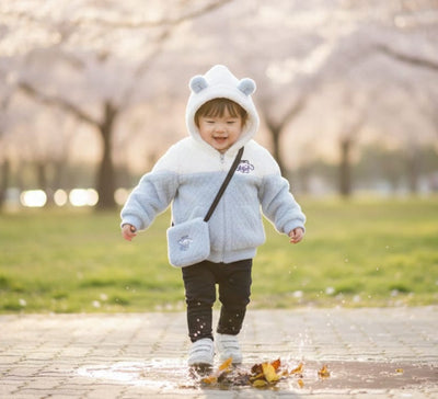 Kids Winter Fleece Teddy Ear Hoodie - Soft Quilted Warm Zip-Up Jacket