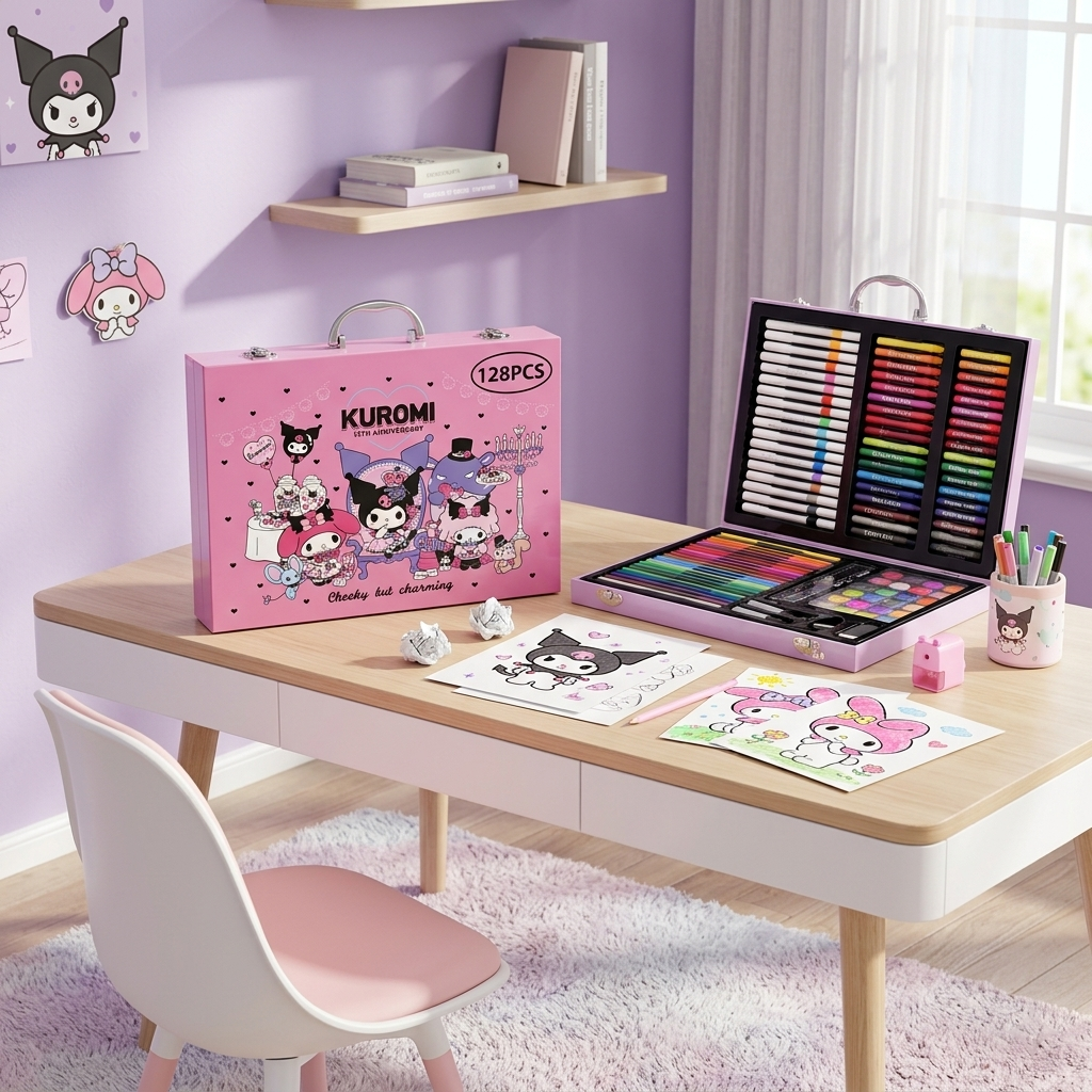 Kuromi 128-Pcs Kids Art Set - Cute Drawing & Painting Color Kit with Metal Carry Case
