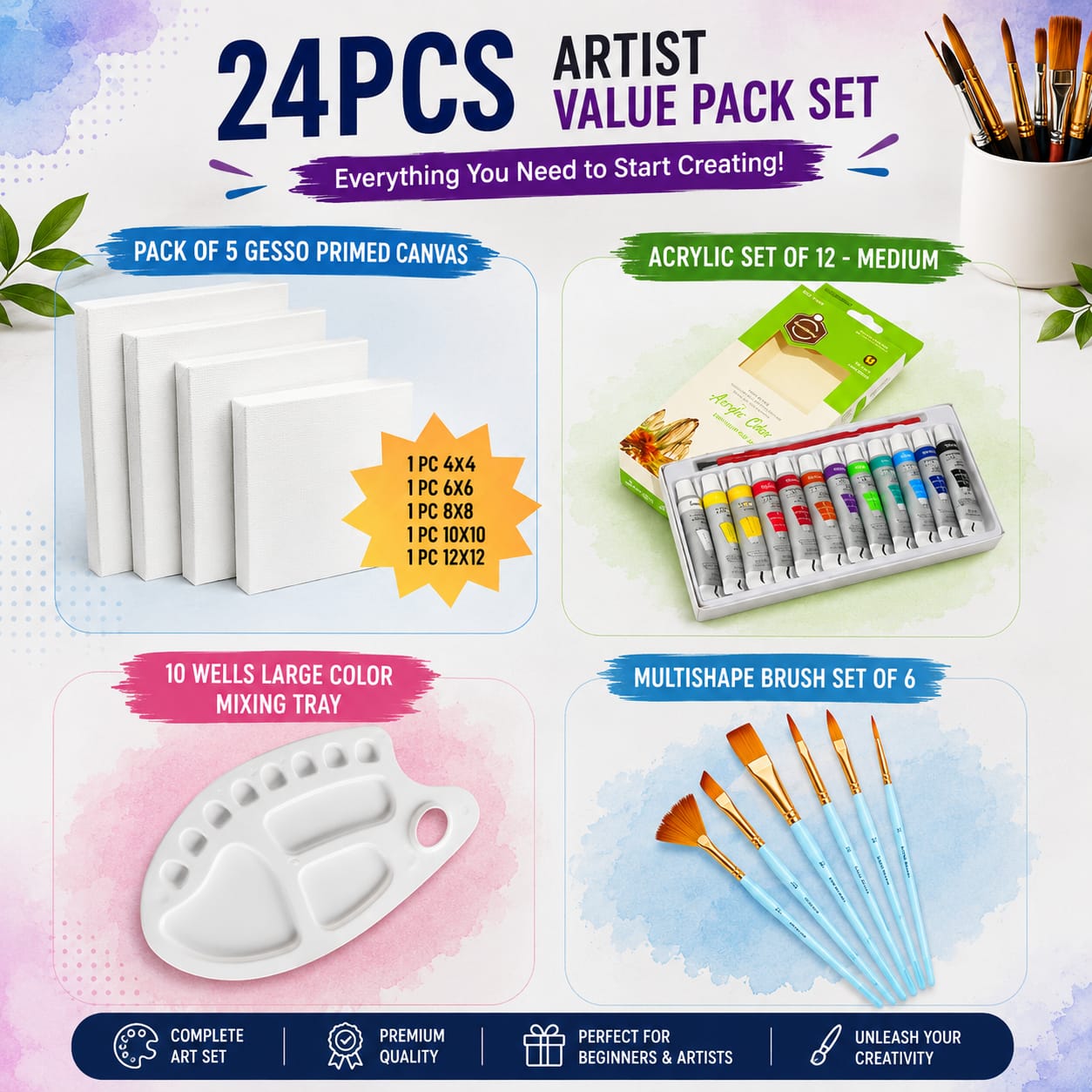 24 PCS Artist Value Pack Set | Acrylic Painting Kit with Canvas, Paint Brushes, Acrylic Colors & Palette