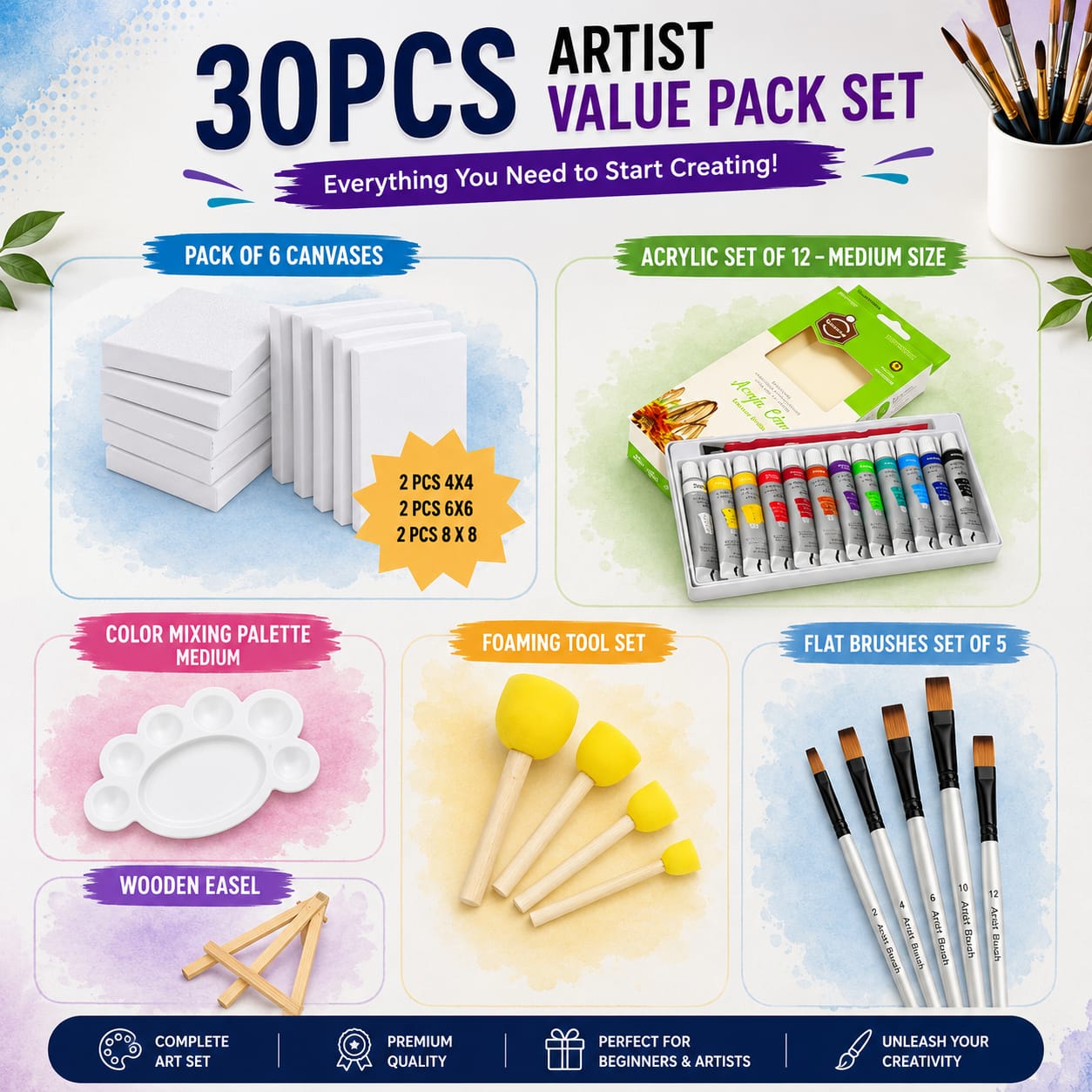 30 PCS Artist Value Pack Set | Complete Acrylic Painting Kit with Canvases, Paints, Brushes, Easel & Accessories