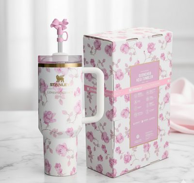 White with Pink Flowers Stanley Quencher H2.0 Tumbler