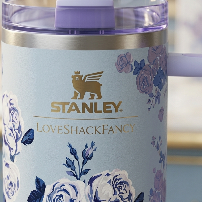 Floral Stanley Style Quencher Tumbler 40oz – Blue Lavender Stainless Steel Travel Mug with Handle