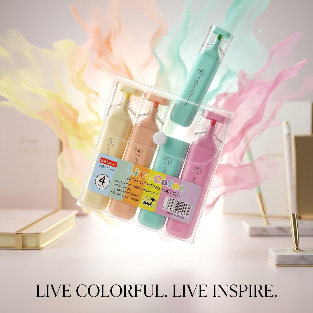 Weibo Live Color Highlighter Set – 4 Pastel Colors | Dual-Tip Felt Bullet & Chisel Markers