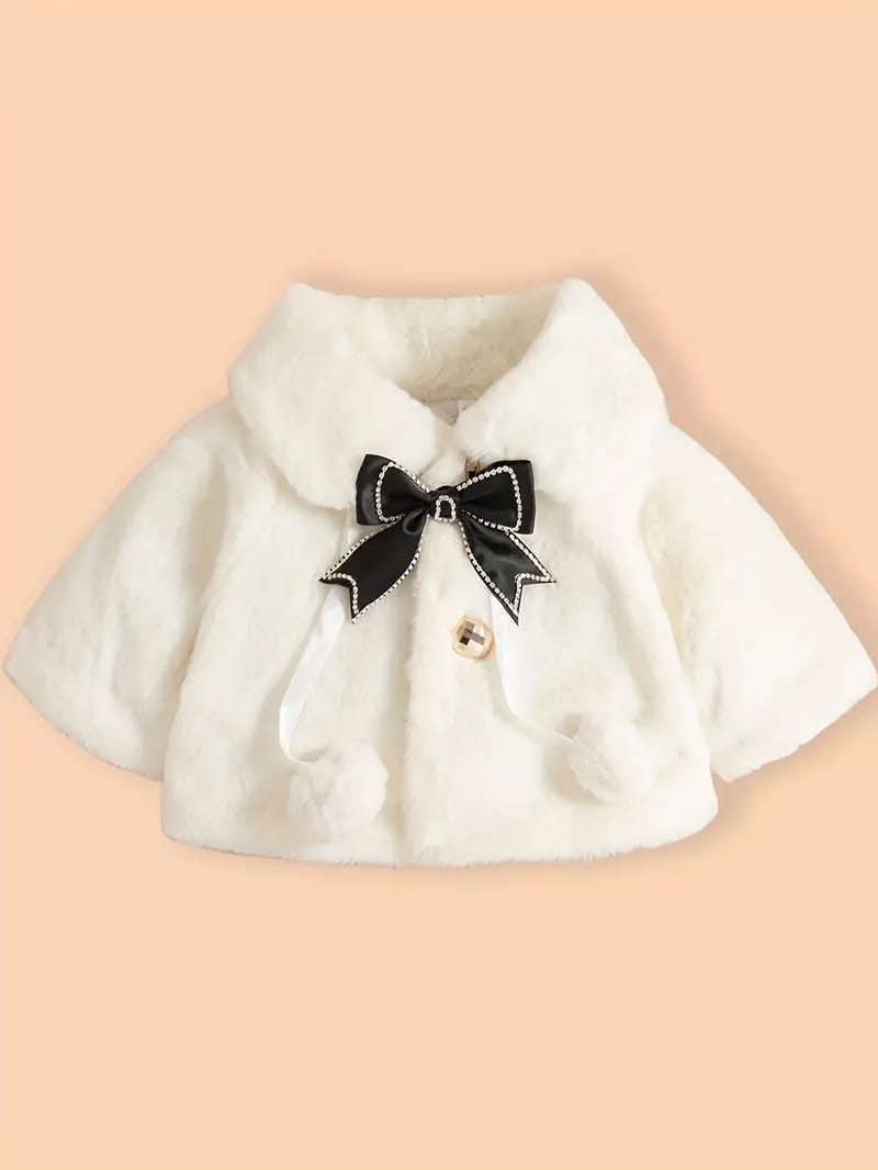 Luxury Baby White Fur Coat with Black Bow & Pom-Poms