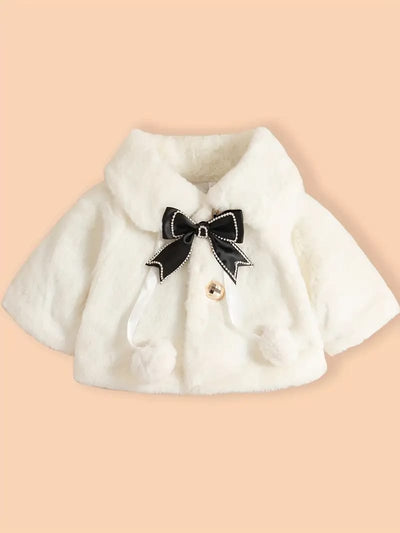 Luxury Baby White Fur Coat with Black Bow & Pom-Poms