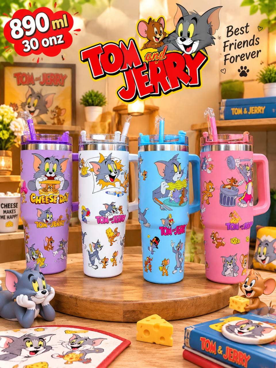 30 oz (890 ml) Tom n Jerry Tumbler with Handle & Straw Lid | Insulated Tumbler for Kids & Teens