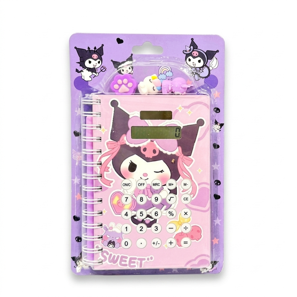 Kuromi Inspired 2-in-1 Calculator Spiral Diary Set – Kawaii Purple Stationery Gift with Pen & Accessories