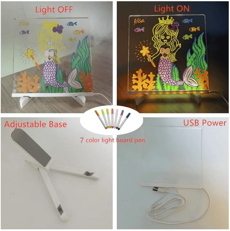 7 Color LED Note Board for Kids – 12×8 Inch Acrylic Drawing & Message Board with 7 Markers