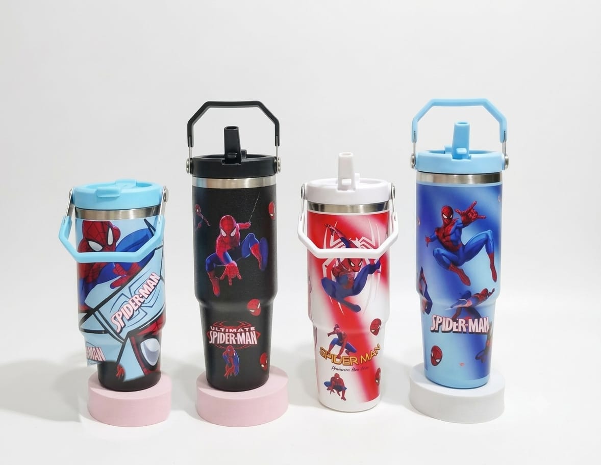 Superhero Print Stainless Steel Tumbler with Straw & Handle - 30oz
