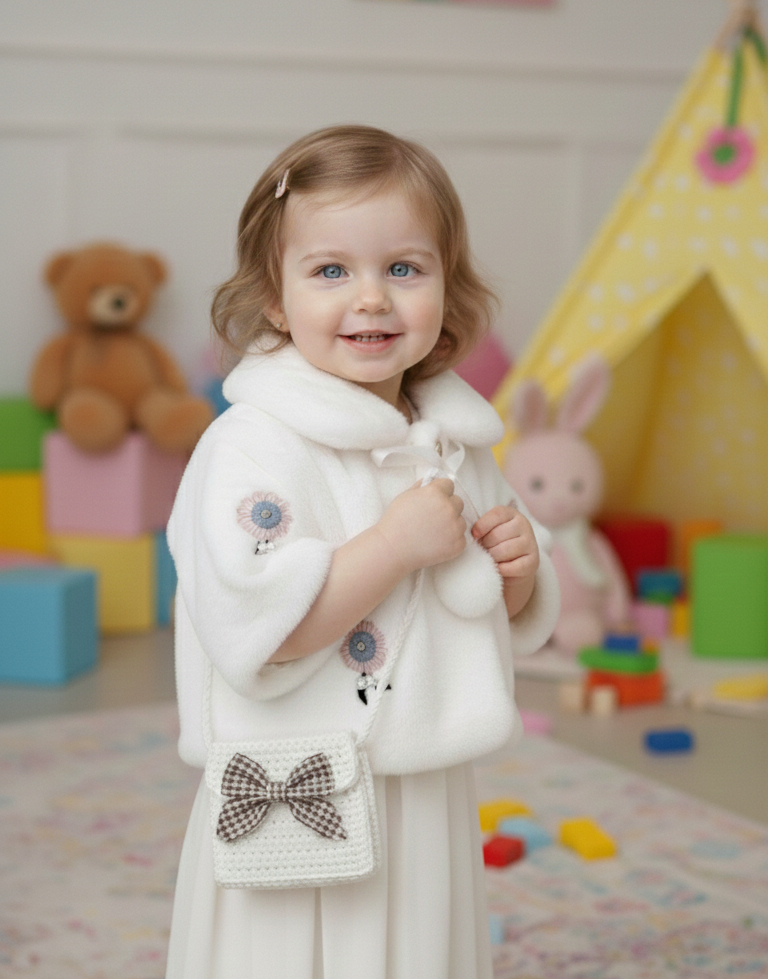 Luxurious White Faux Fur Baby Bolero Jacket | Floral Embroidery & Pom Poms
