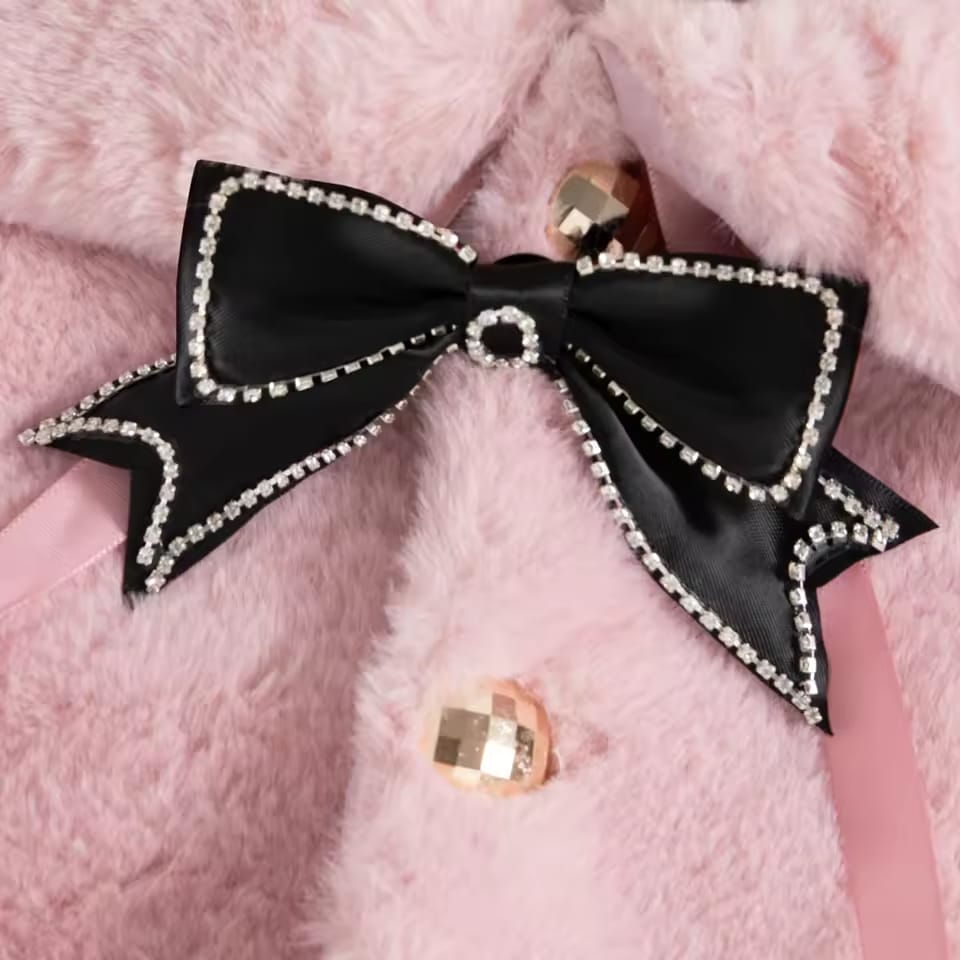 Luxury Baby Pink Fur Coat with Black Bow & Pom-Poms