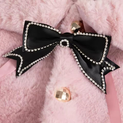 Luxury Baby Pink Fur Coat with Black Bow & Pom-Poms