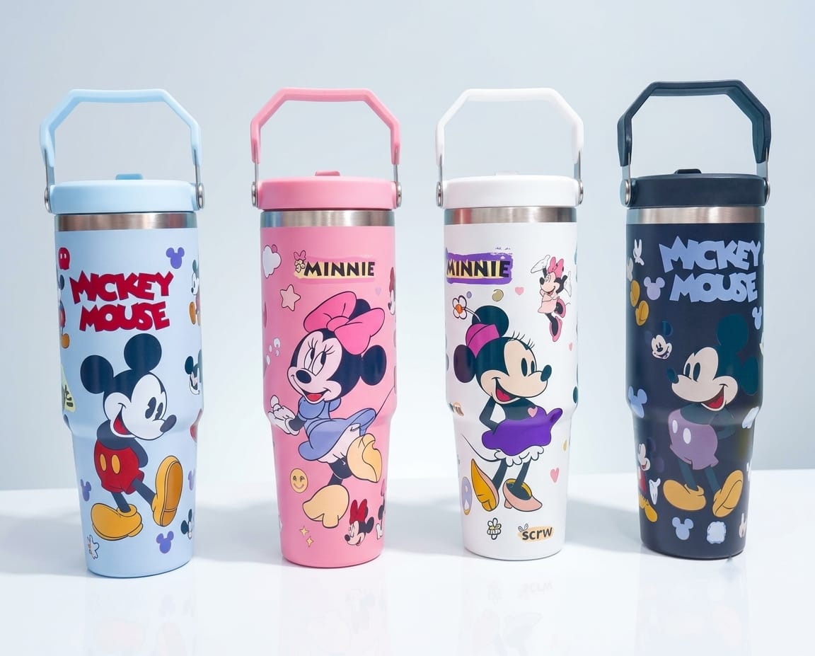 Cartoon Mickey Mouse Print Stainless Steel Tumbler with Straw & Handle - 30oz