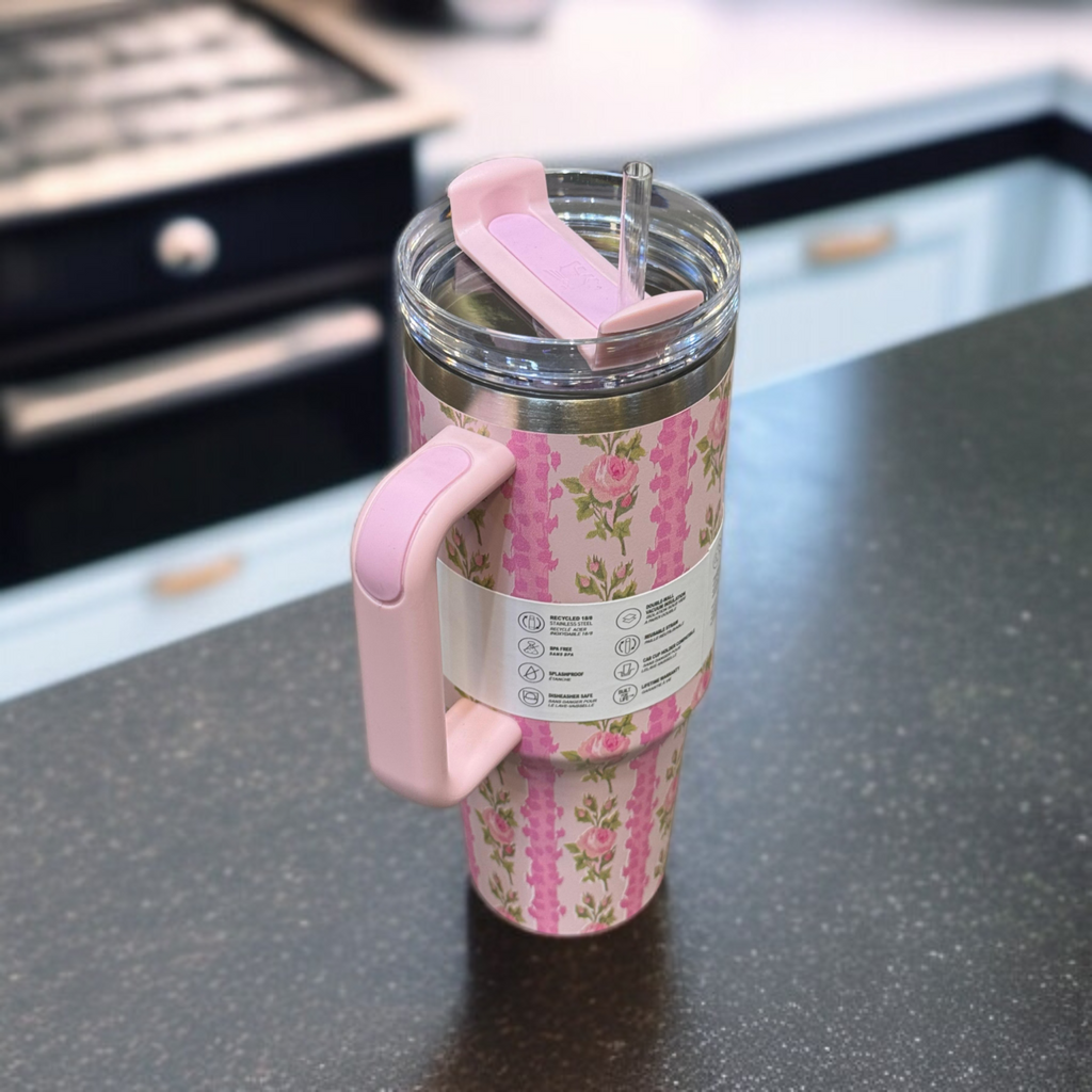Pink Floral Stanley Quencher H2.0 Tumbler for Kids - 40 oz