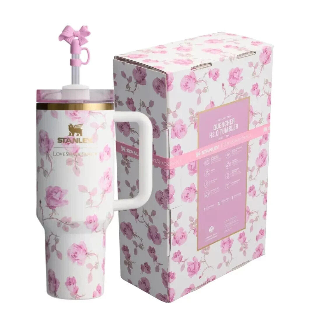 White with Pink Flowers Stanley Quencher H2.0 Tumbler