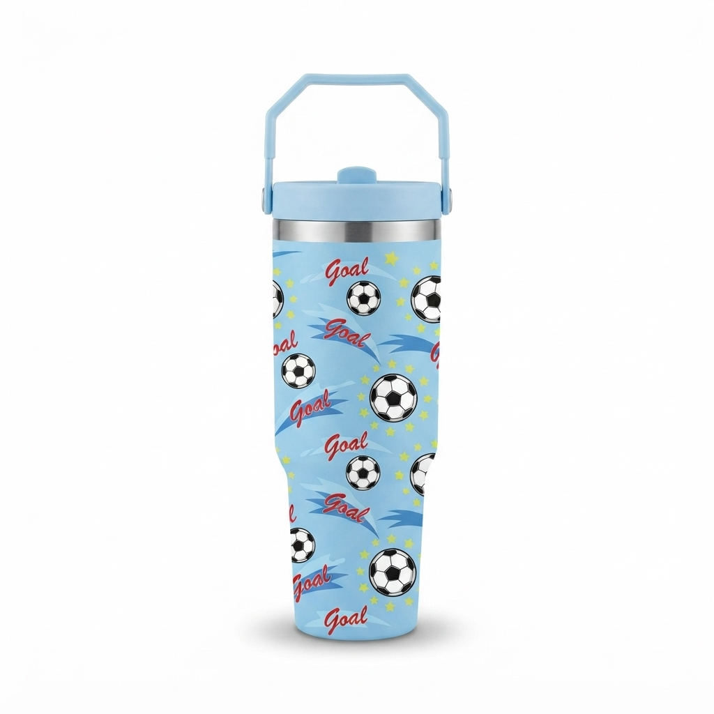 Football Goal Print Stainless Steel Tumbler with Straw & Handle - 30oz