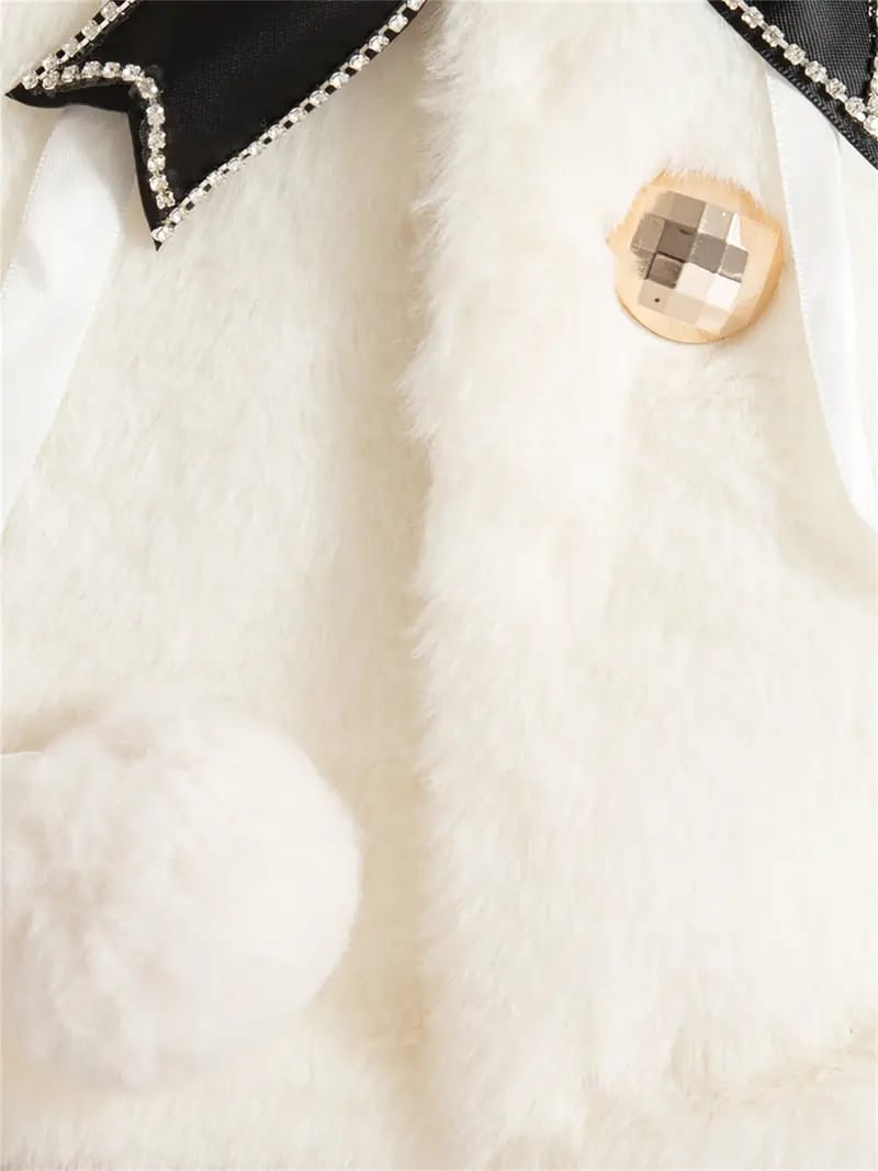 Luxury Baby White Fur Coat with Black Bow & Pom-Poms