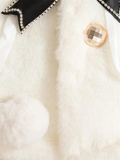 Luxury Baby White Fur Coat with Black Bow & Pom-Poms