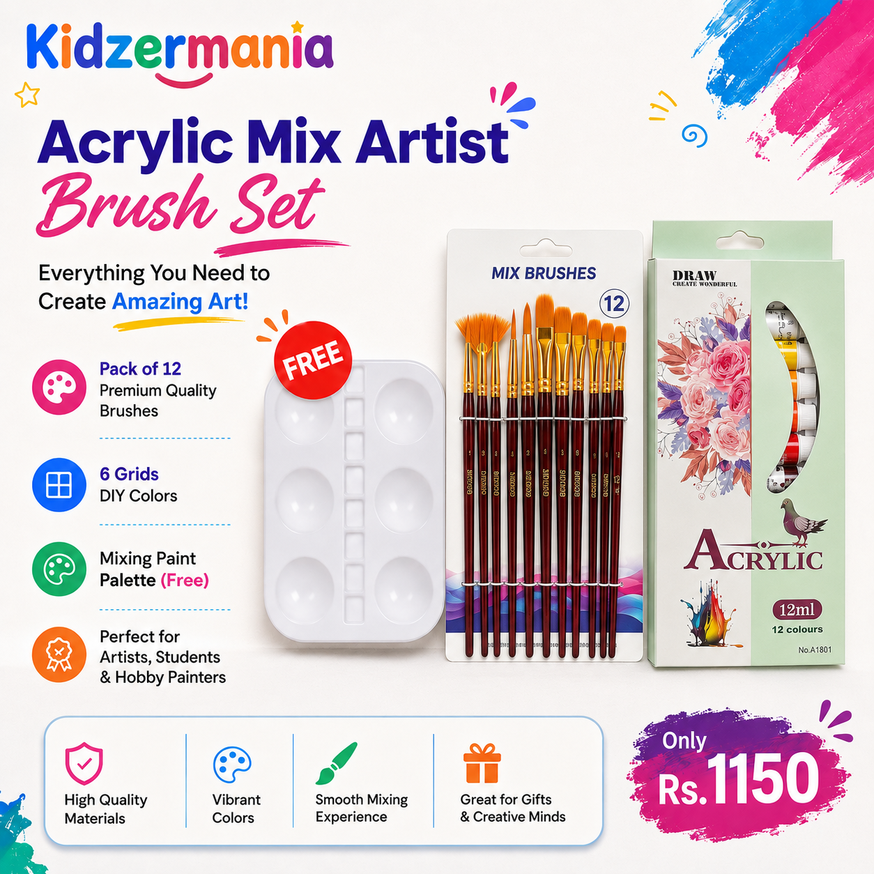 12 Colors Acrylic Paint Set + 12 Premium Mix Brushes + FREE Mixing Palette | 12ml Tubes | Complete Artist Kit