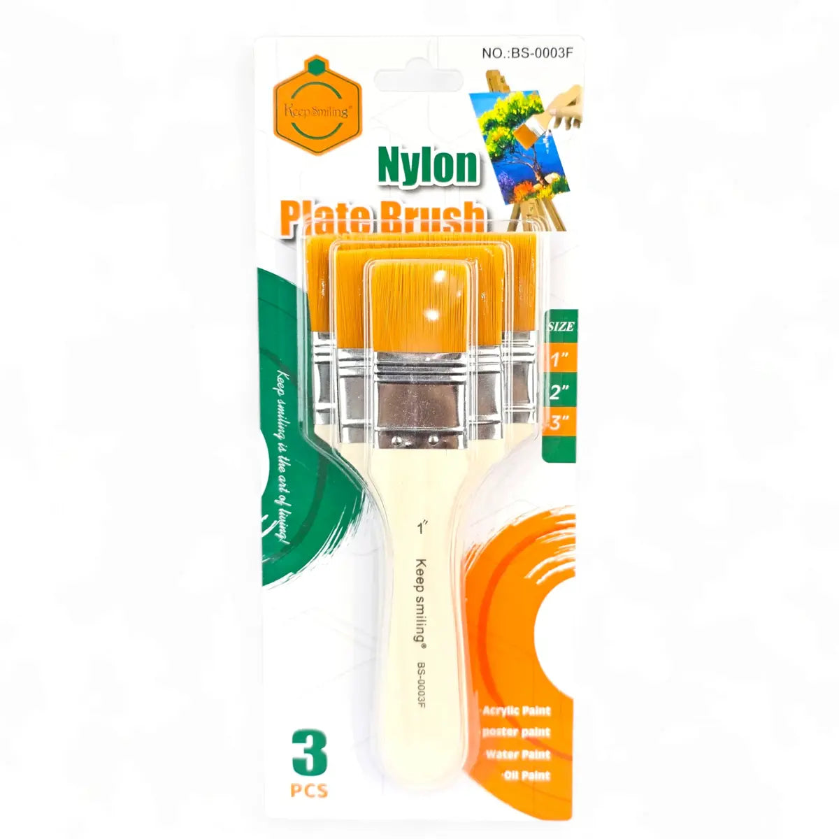 Keep Smiling Nylon Flat Paint Brush Set (3 PCS) | Professional Artist Brushes for Acrylic, Watercolor & Oil Painting