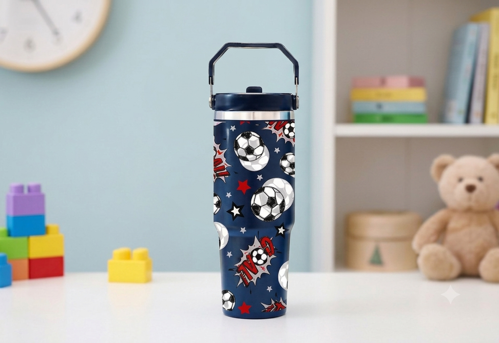 Football Stainless Steel Insulated Water Tumbler with Handle | Kids Sports Travel Cup
